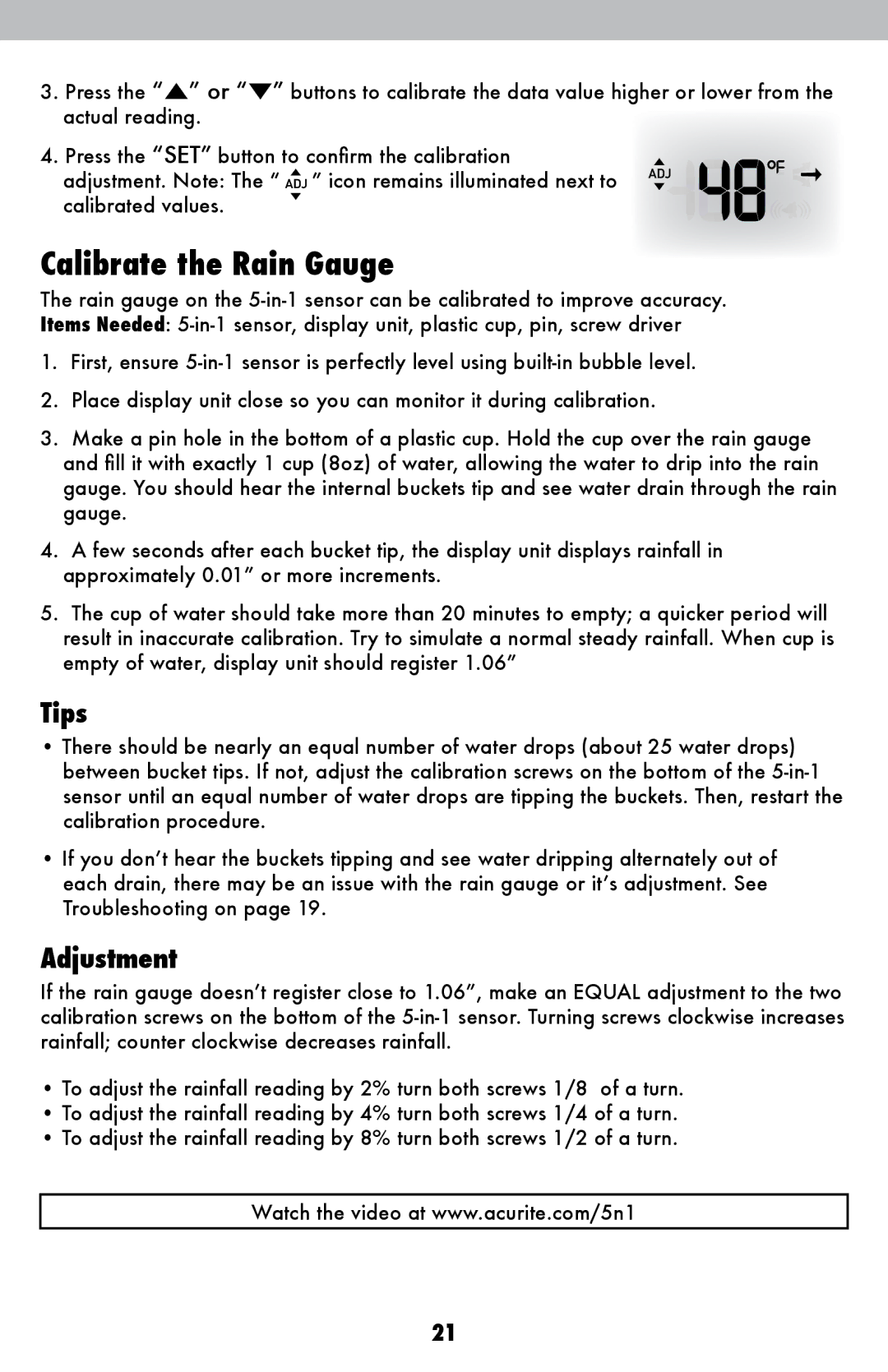 Acu-Rite 1015 instruction manual Calibrate the Rain Gauge, Tips 