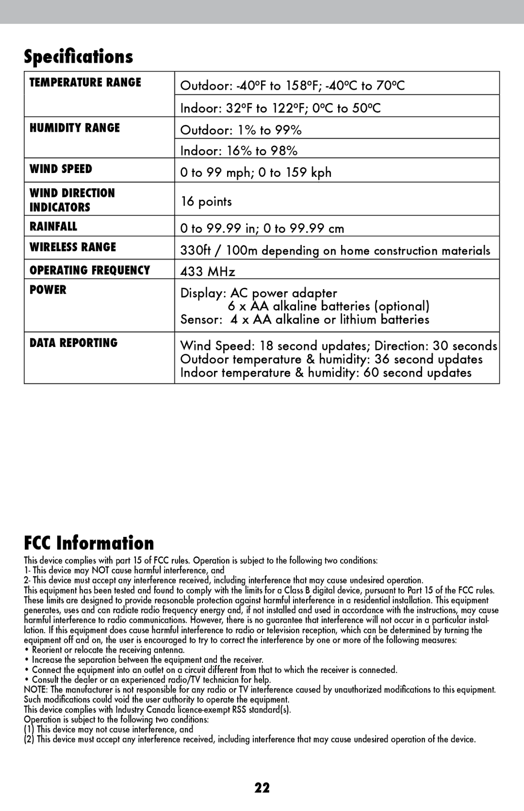 Acu-Rite 1015 instruction manual Specifications, FCC Information 