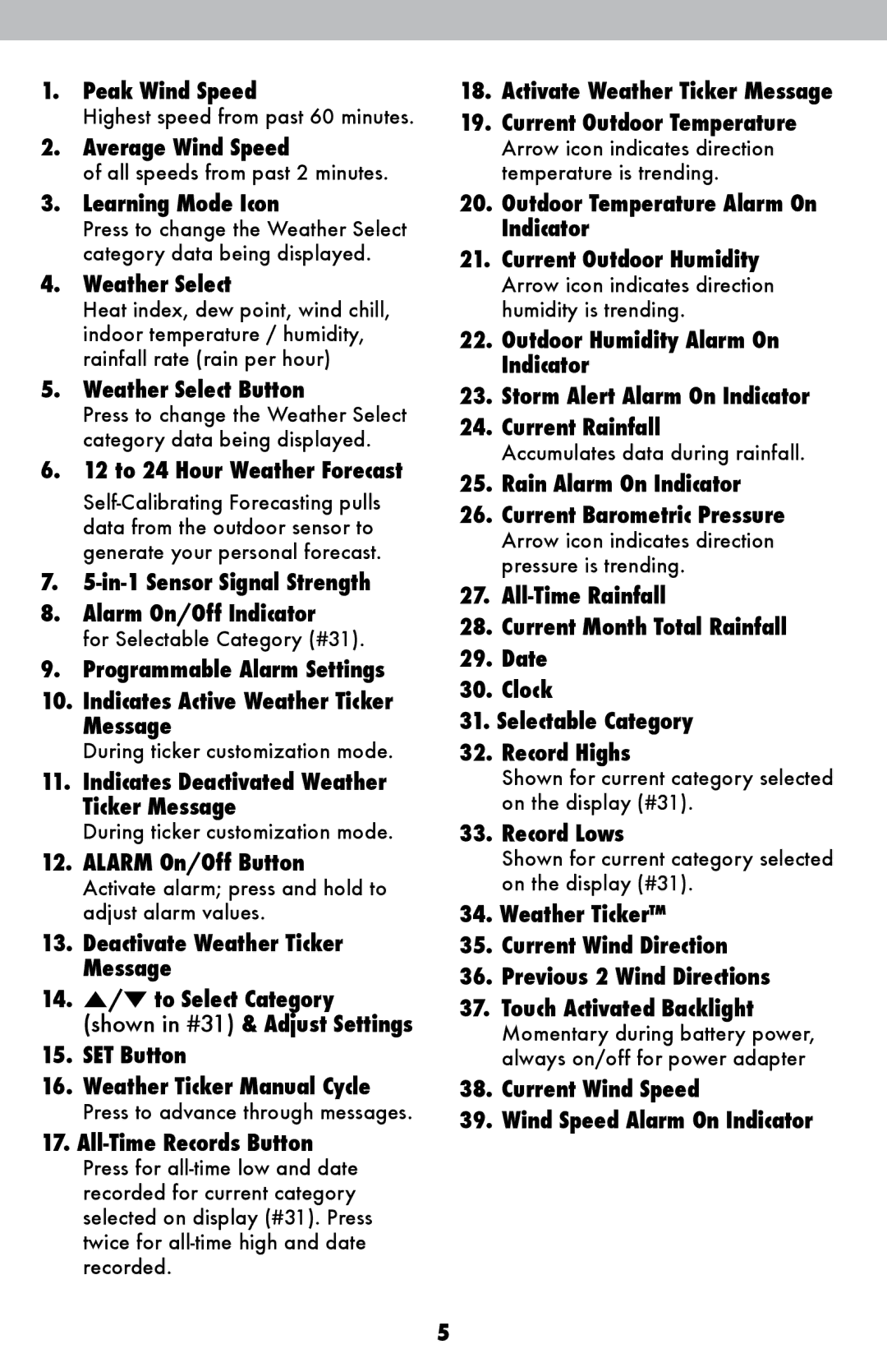 Acu-Rite 1015 Peak Wind Speed, Average Wind Speed, Learning Mode Icon, Weather Select Button, Alarm On/Off Button 