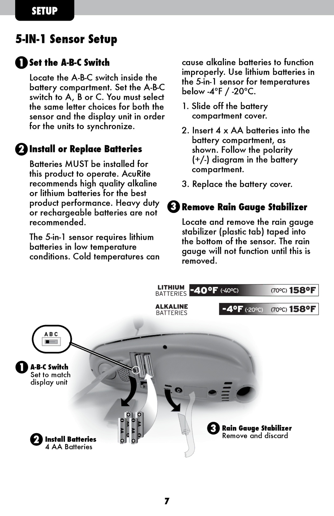 Acu-Rite 1015 IN-1 Sensor Setup, Set the A-B-C Switch, Install or Replace Batteries, Remove Rain Gauge Stabilizer 