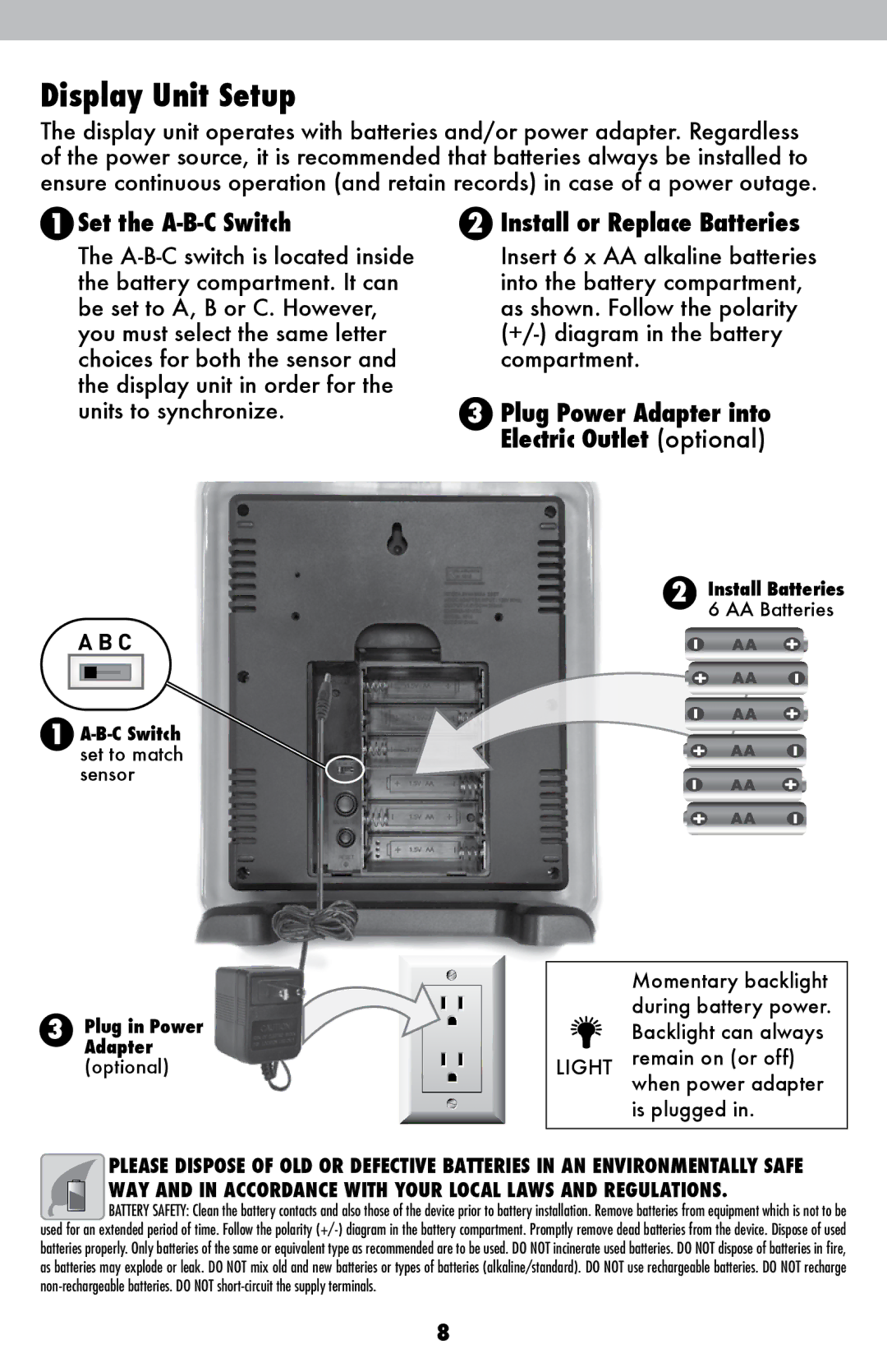 Acu-Rite 1015 Display Unit Setup, Install or Replace Batteries, Plug Power Adapter into Electric Outlet optional 