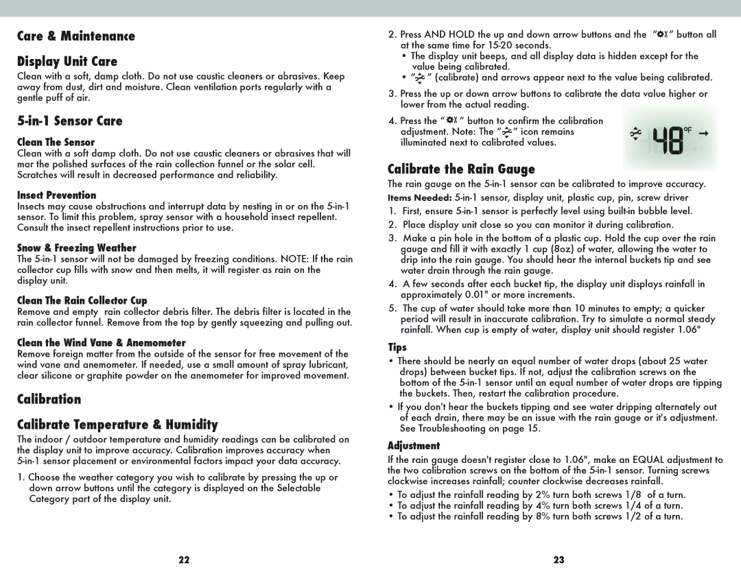 Acu-Rite 1025 Care & Maintenance Display Unit Care, In-1 Sensor Care, Calibration Calibrate Temperature & Humidity 