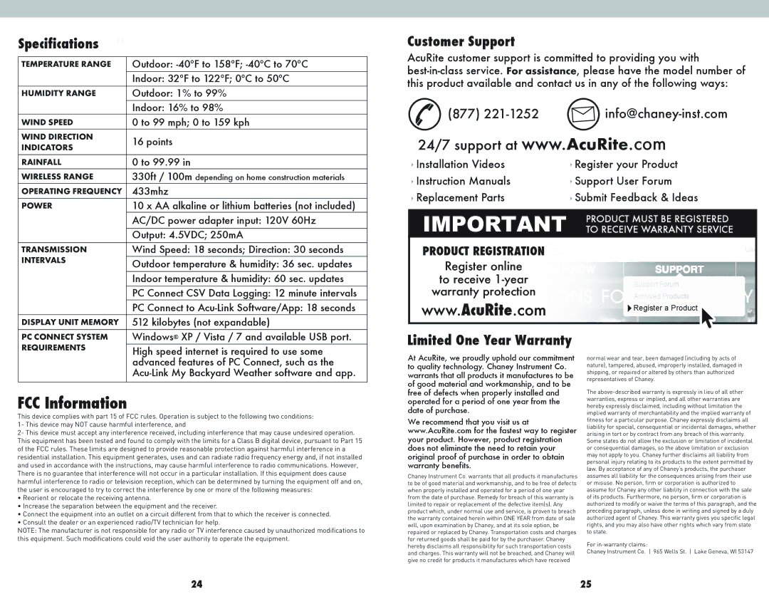 Acu-Rite 1025 instruction manual Specifications, Customer Support 