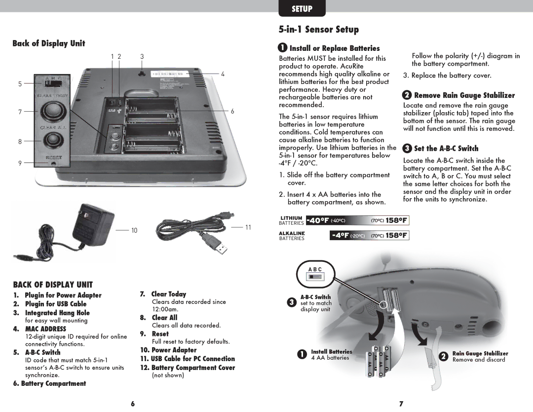 Acu-Rite 1025 In-1 Sensor Setup, Back of Display Unit, Install or Replace Batteries, Remove Rain Gauge Stabilizer 