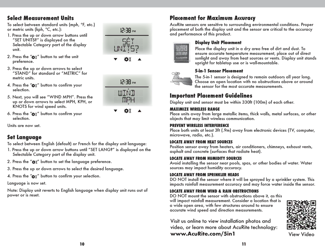 Acu-Rite 1025 Select Measurement Units, Set Language, Placement for Maximum Accuracy, Important Placement Guidelines 