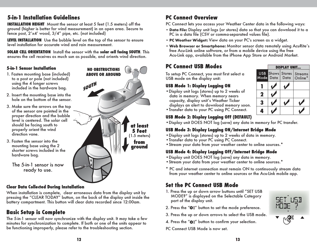 Acu-Rite 1025 In-1 Installation Guidelines, PC Connect Overview, PC Connect USB Modes, Basic Setup is Complete 