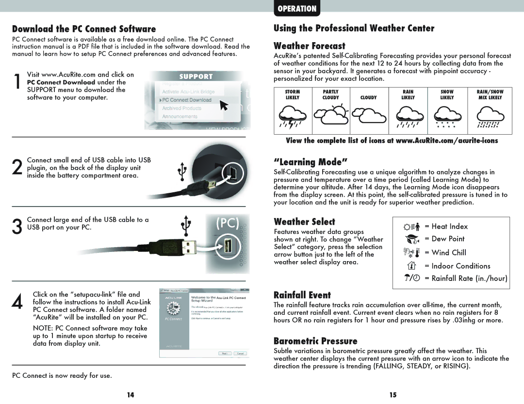 Acu-Rite 1025 Download the PC Connect Software, Using the Professional Weather Center Weather Forecast, Learning Mode 