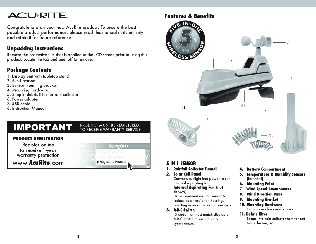 Acu-Rite 1025 Unpacking Instructions, Package Contents, Features & Benefits, Product Registration, 5-IN-1 SENSOR 