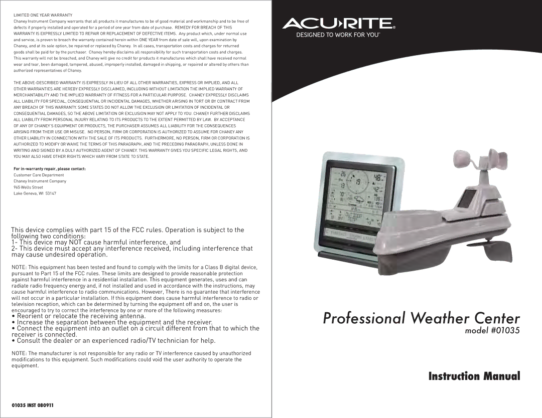 Acu-Rite 1035 instruction manual Professional Weather Center 