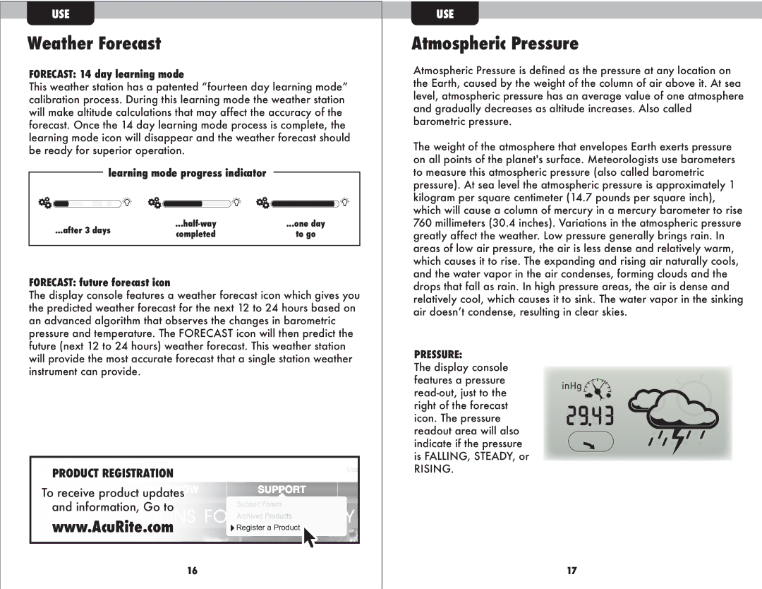 Acu-Rite 1035 instruction manual Weather Forecast, Atmospheric Pressure 