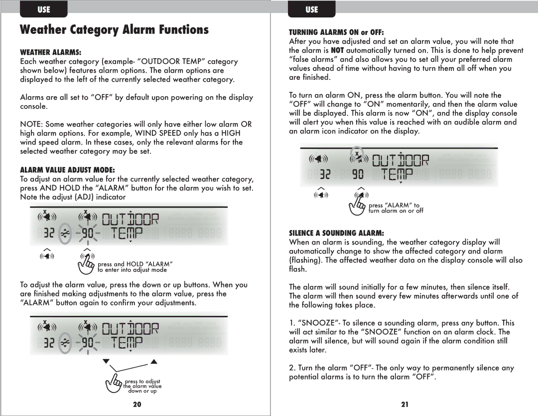 Acu-Rite 1035 Weather Category Alarm Functions, Weather Alarms, Alarm Value Adjust Mode, Turning Alarms on or OFF 