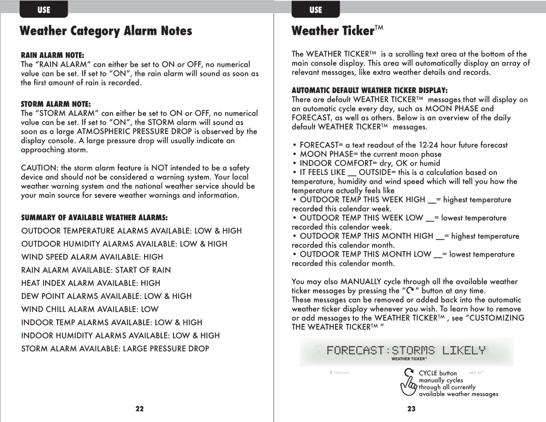 Acu-Rite 1035 instruction manual Weather Category Alarm Notes, Weather TickerTM 