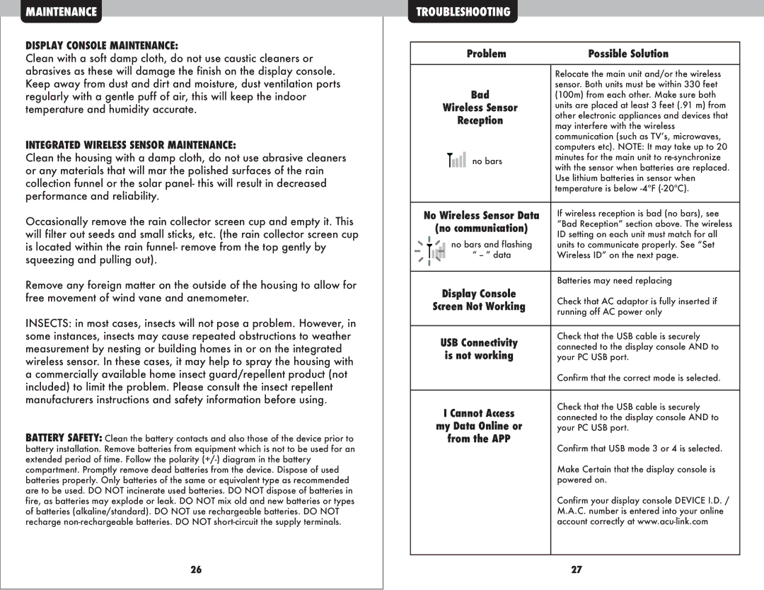 Acu-Rite 1035 instruction manual Display Console Maintenance, Integrated Wireless Sensor Maintenance 