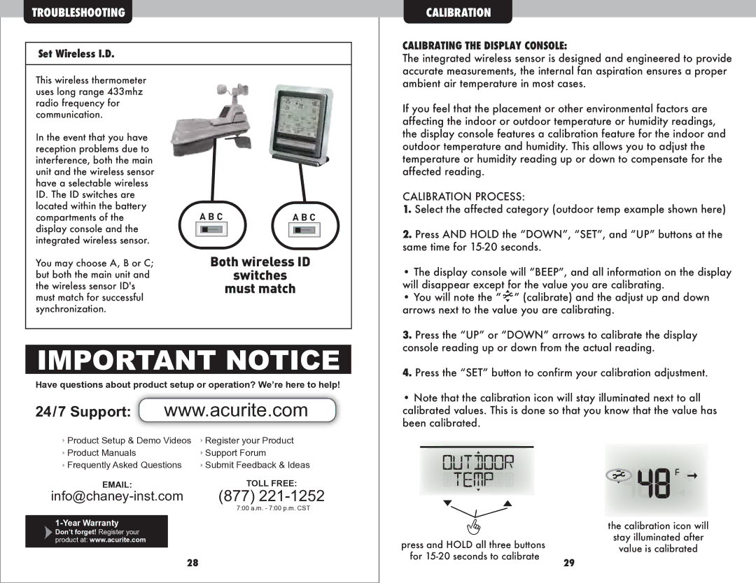 Acu-Rite 1035 instruction manual Set Wireless I.D, Calibrating the Display Console 