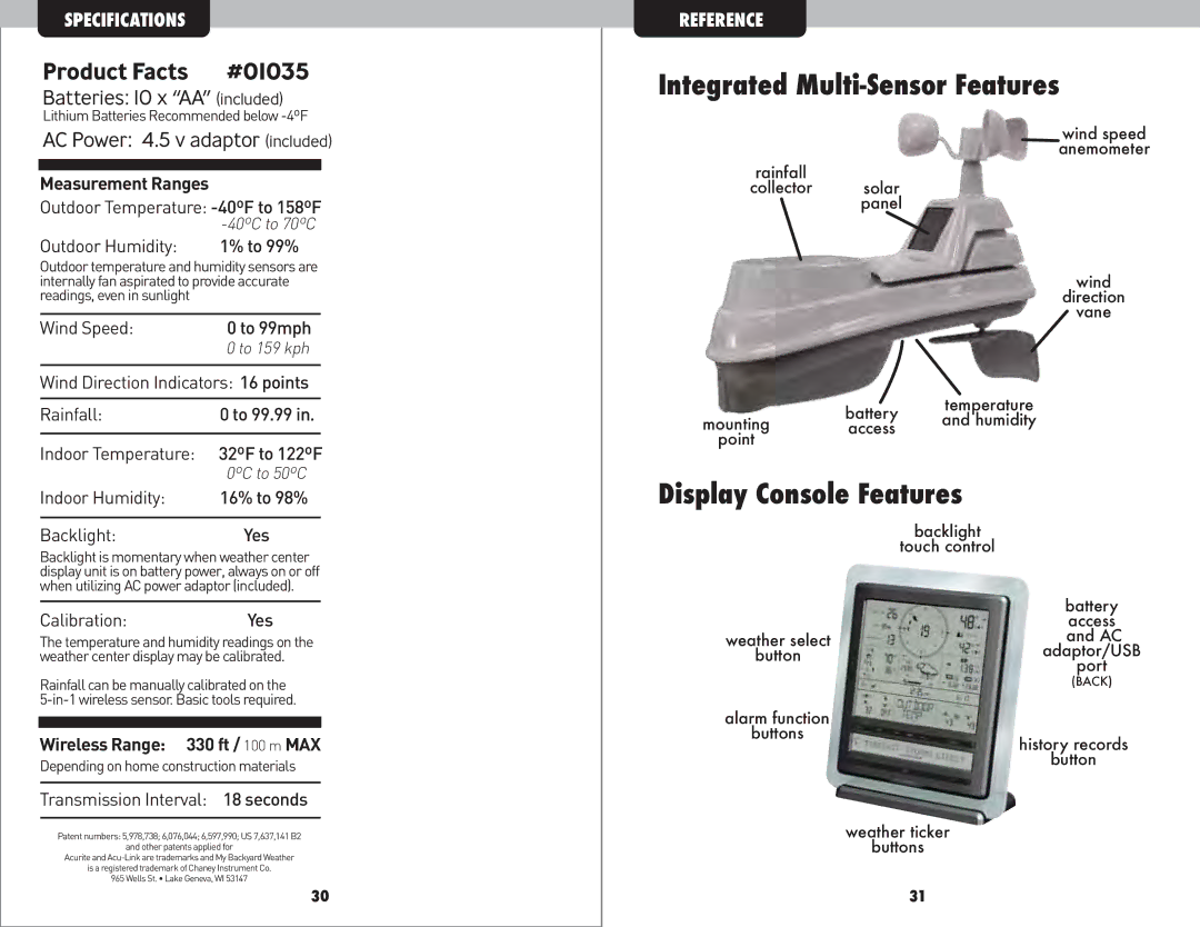 Acu-Rite 1035 instruction manual Integrated Multi-Sensor Features, Display Console Features 