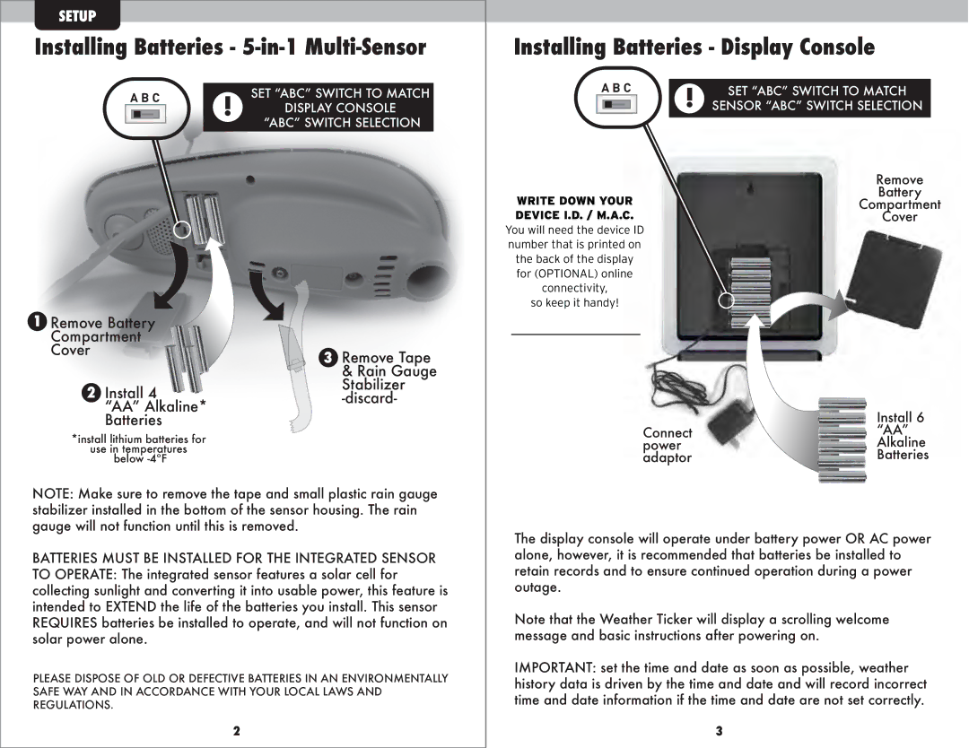 Acu-Rite 1035 instruction manual Installing Batteries 5-in-1 Multi-Sensor, Installing Batteries Display Console 