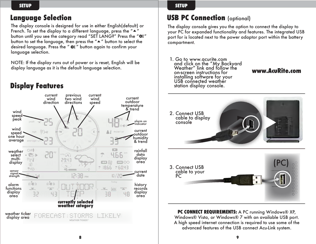 Acu-Rite 1035 Language Selection, Display Features, USB PC Connection optional, Currently selected Weather category 