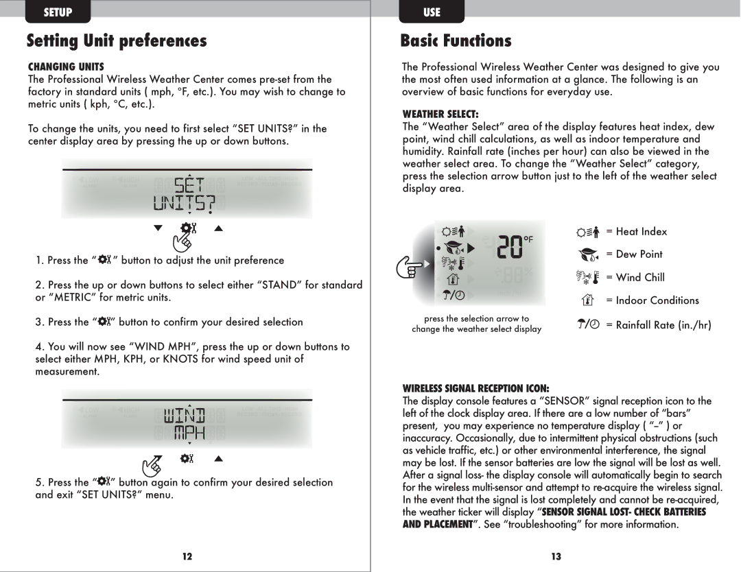 Acu-Rite 1035 Setting Unit preferences, Basic Functions, Changing Units, Weather Select, Wireless Signal Reception Icon 