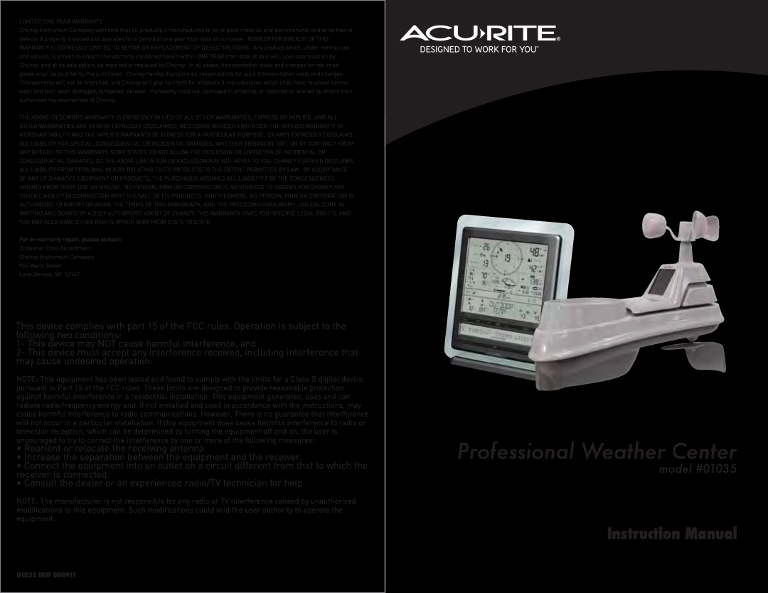 Acu-Rite instruction manual Instruction Manual, model #01035, Professional Weather Center, Limited One Year Warranty 