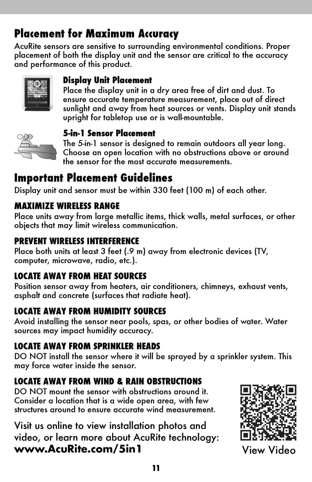 Acu-Rite 1036 instruction manual Placement for Maximum Accuracy, Important Placement Guidelines, Display Unit Placement 