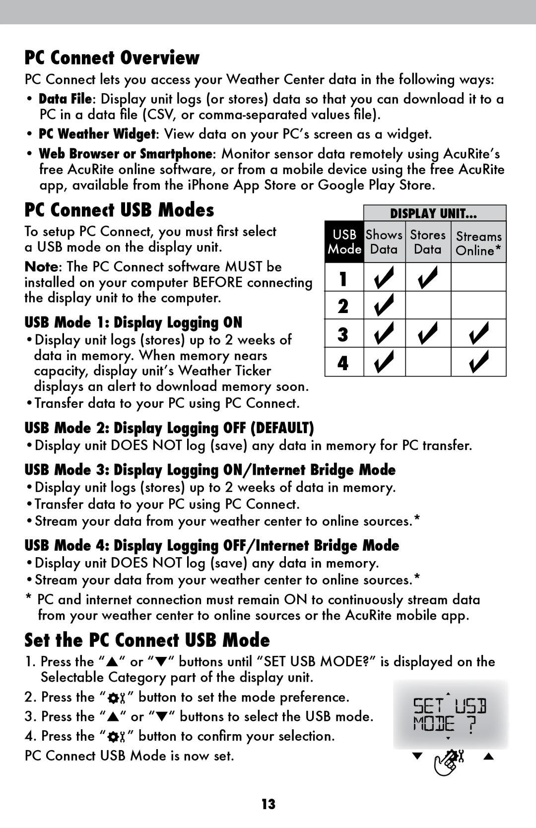 Acu-Rite 1036 instruction manual PC Connect Overview, PC Connect USB Modes, Set the PC Connect USB Mode 