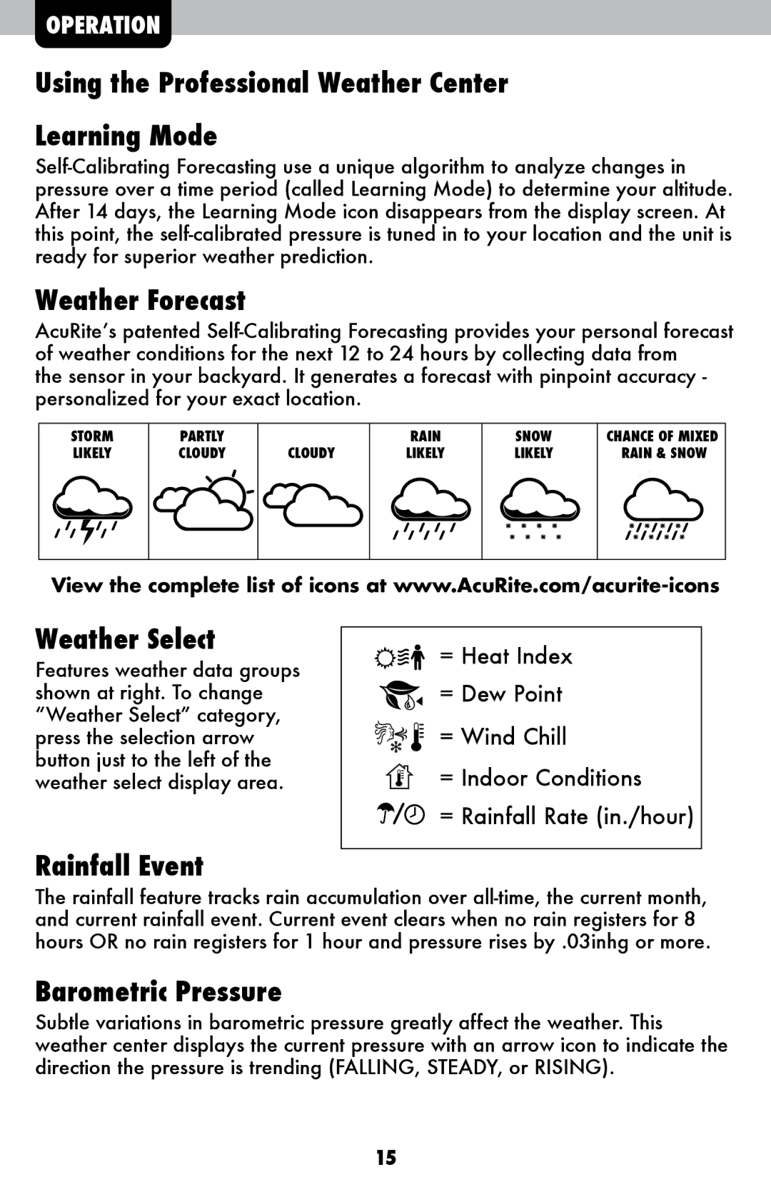 Acu-Rite 1036 Using the Professional Weather Center Learning Mode, Weather Forecast, Weather Select, Rainfall Event 