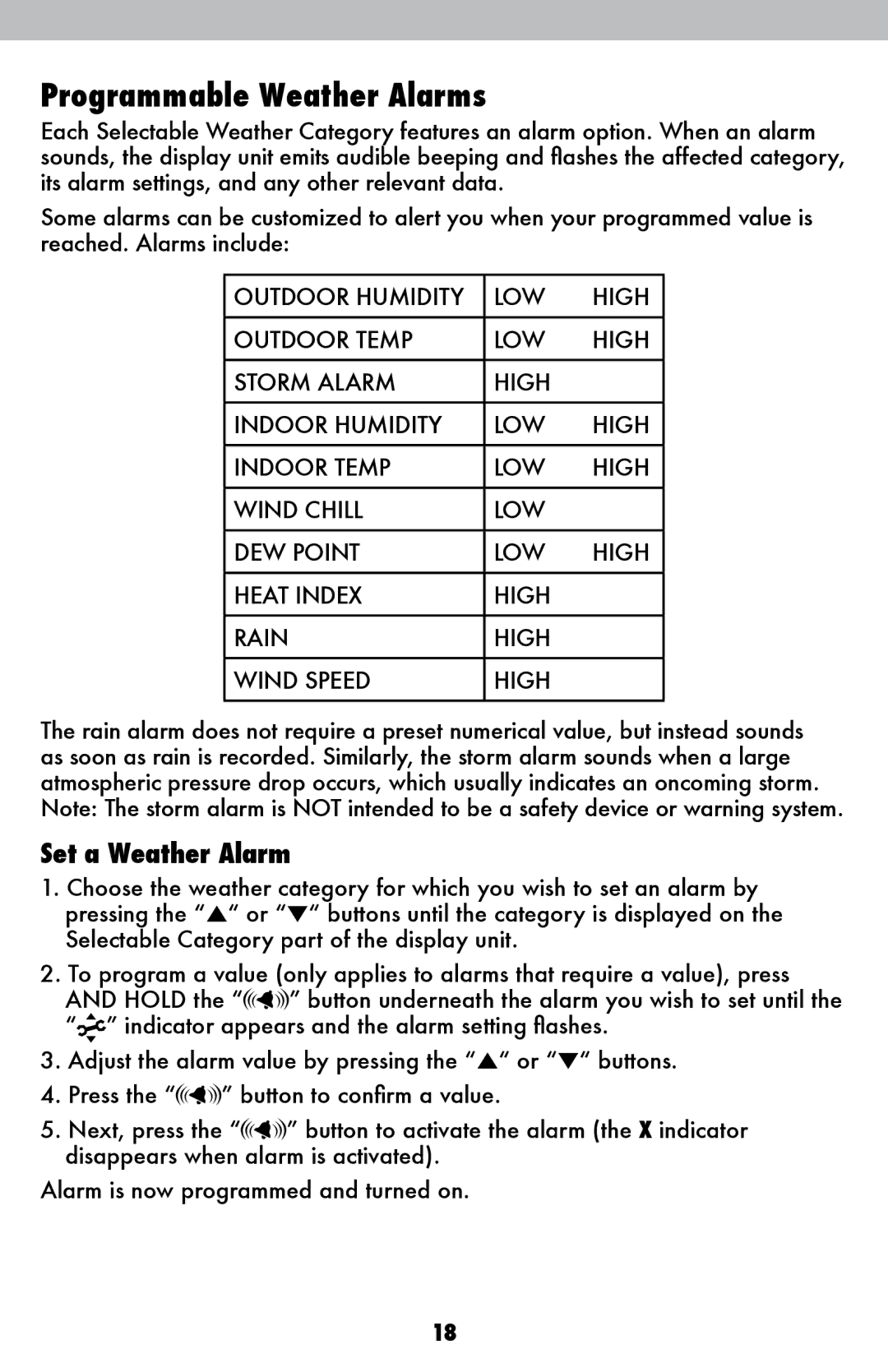 Acu-Rite 1036 instruction manual Programmable Weather Alarms, Set a Weather Alarm 