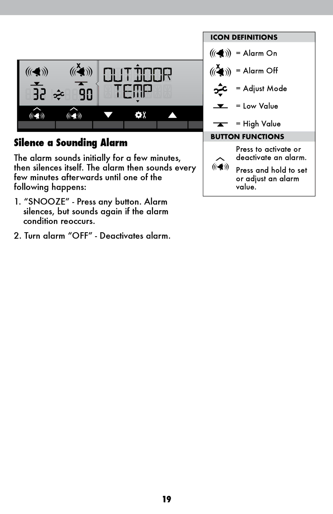 Acu-Rite 1036 instruction manual Silence a Sounding Alarm 