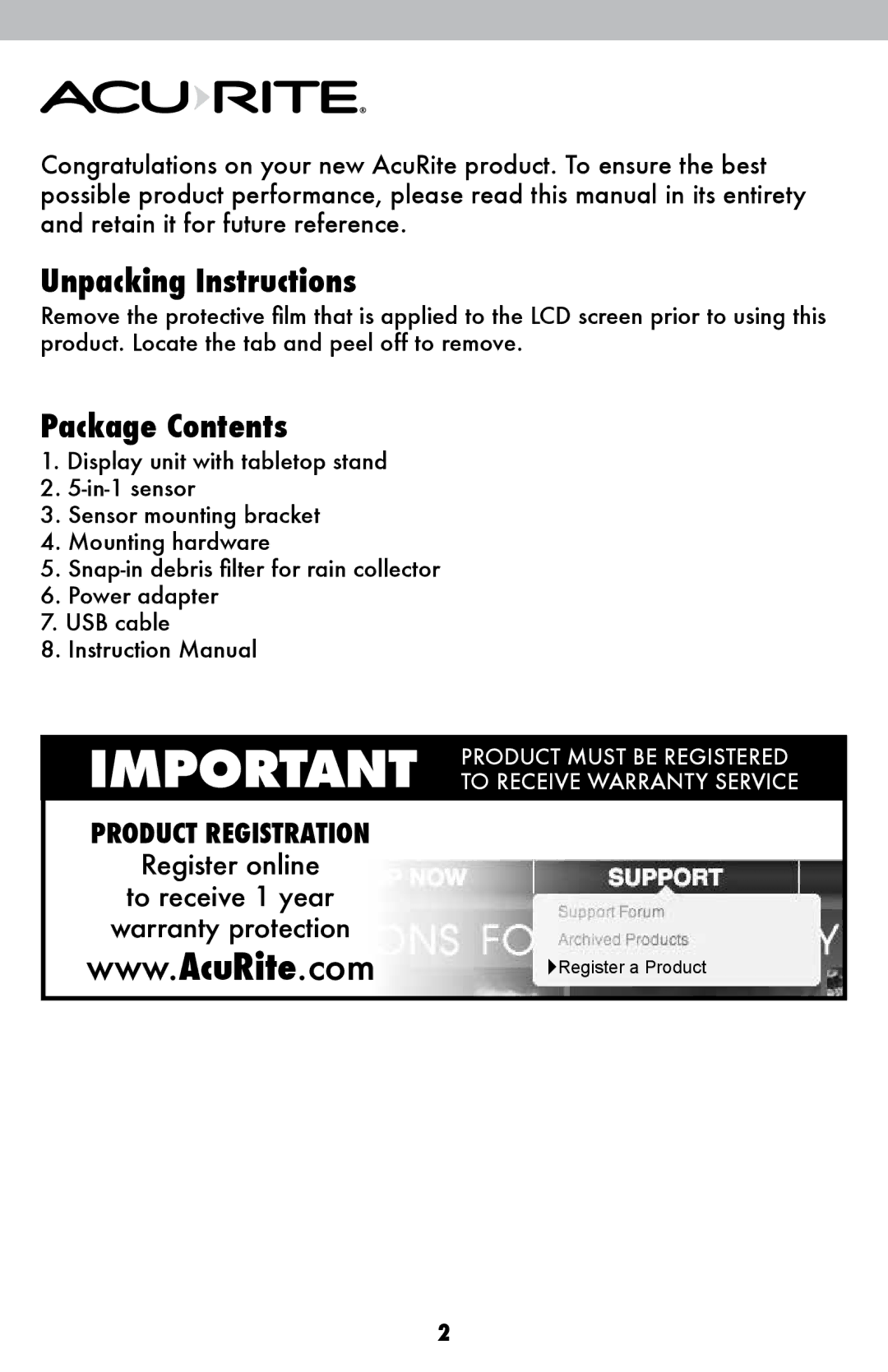 Acu-Rite 1036 instruction manual Unpacking Instructions, Package Contents 