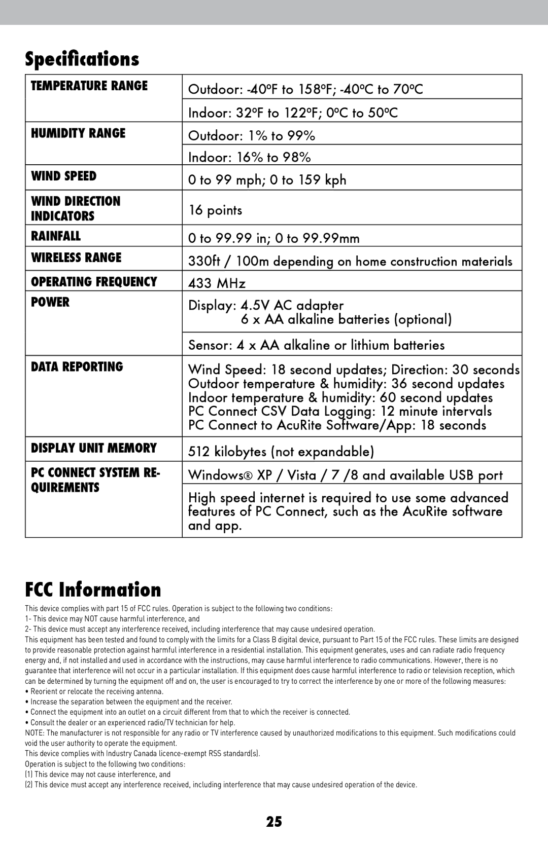 Acu-Rite 1036 instruction manual Specifications, FCC Information 