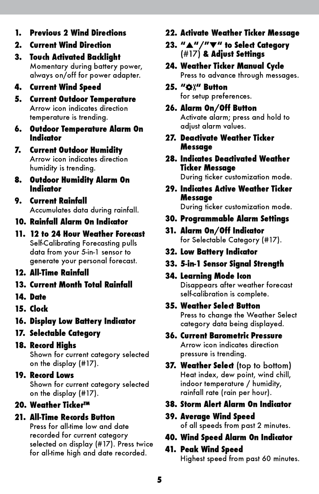 Acu-Rite 1036 Current Wind Speed Current Outdoor Temperature, Outdoor Humidity Alarm On Indicator Current Rainfall, Button 