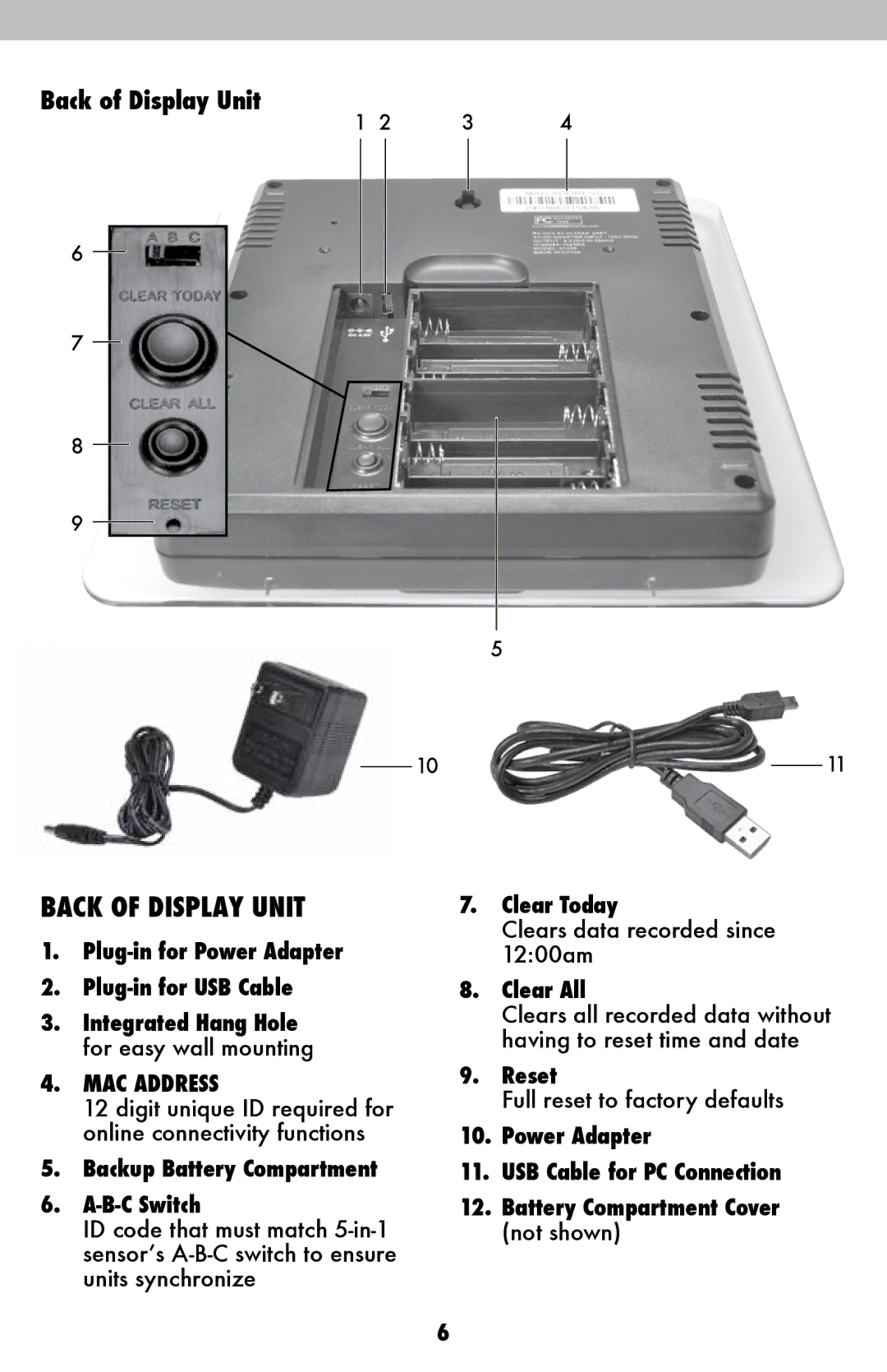 Acu-Rite 1036 instruction manual Back of Display Unit, Backup Battery Compartment B-C Switch, Clear Today, Clear All, Reset 