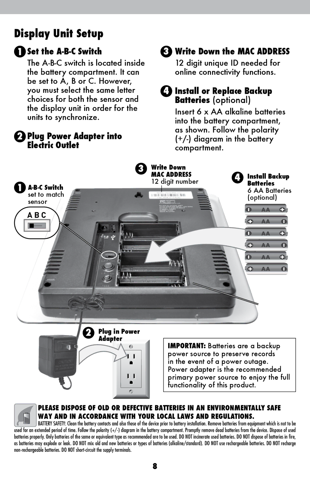 Acu-Rite 1036 instruction manual Display Unit Setup, Plug Power Adapter into Electric Outlet, Write Down the MAC Address 