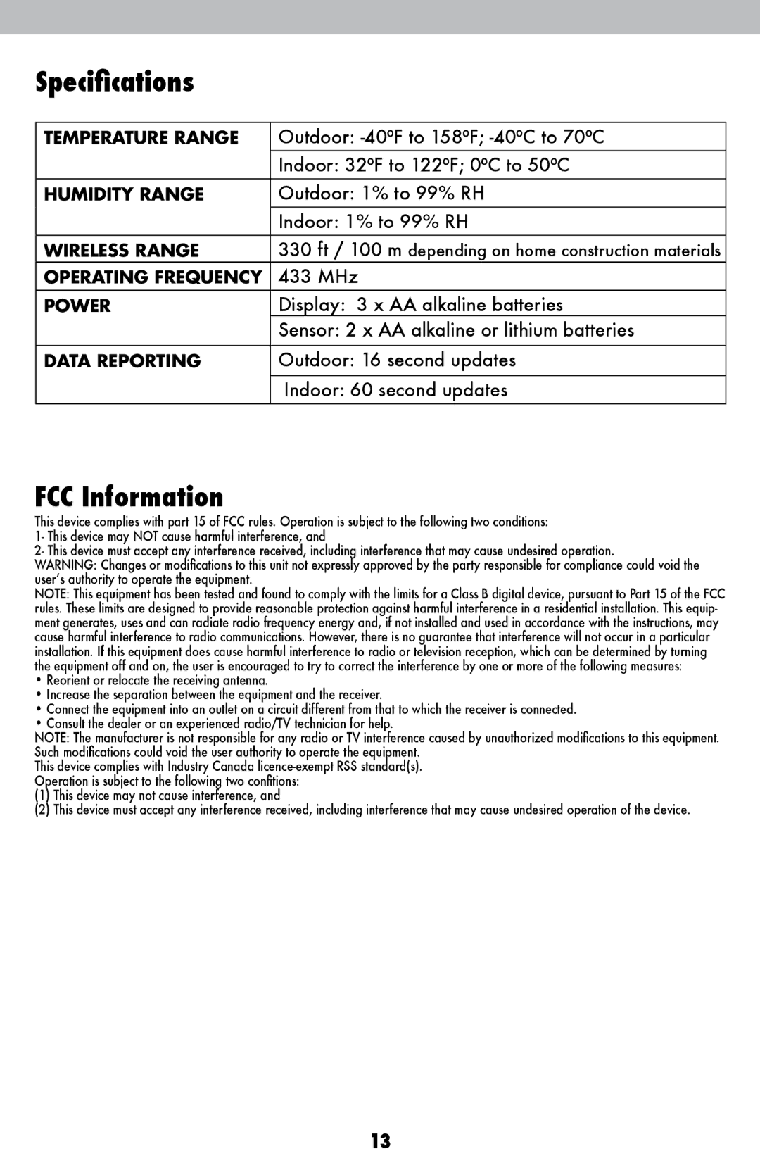 Acu-Rite 1086 instruction manual Specifications, FCC Information 