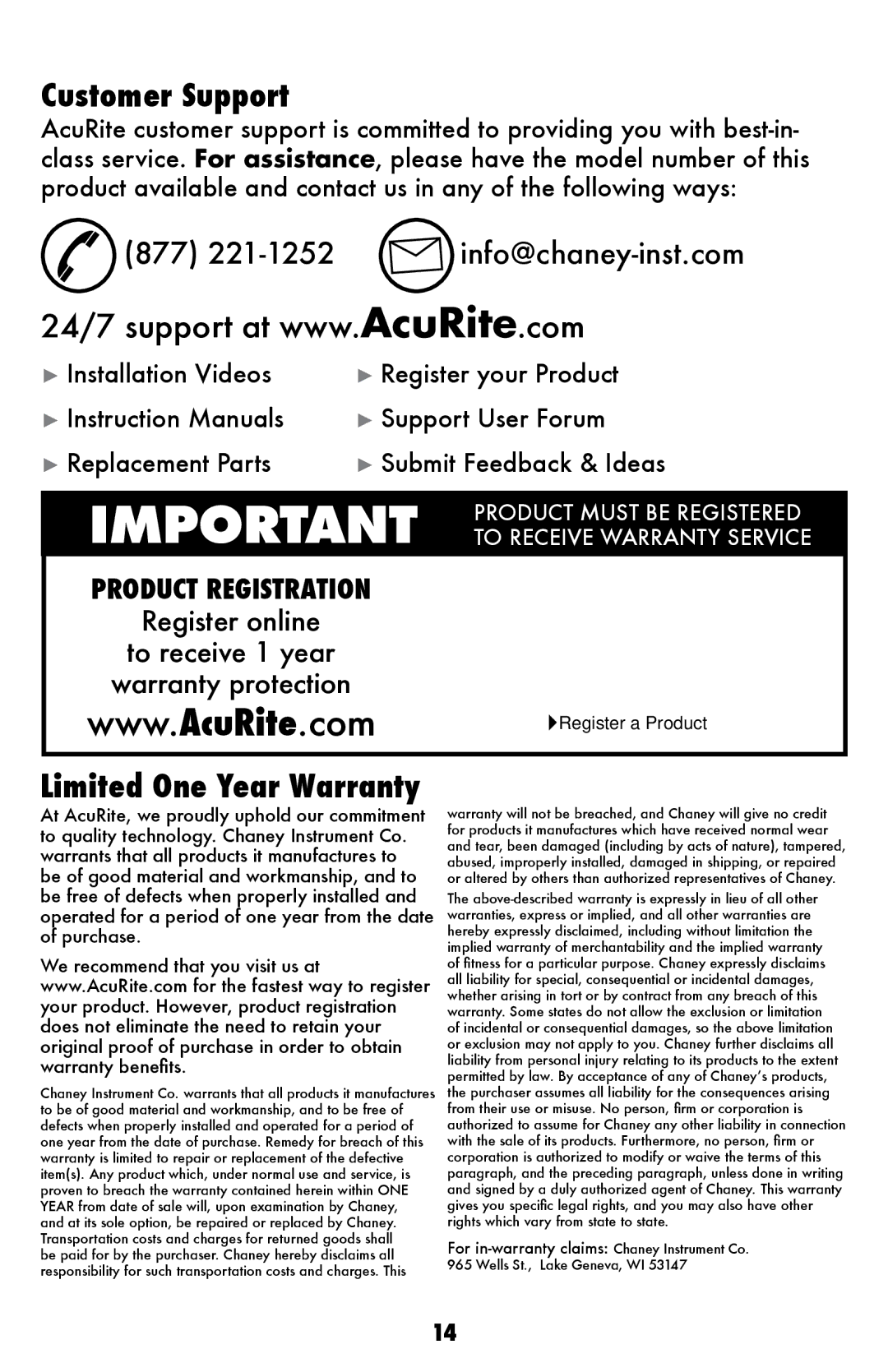 Acu-Rite 1086 instruction manual Customer Support, 877 221-1252 info@chaney-inst.com 