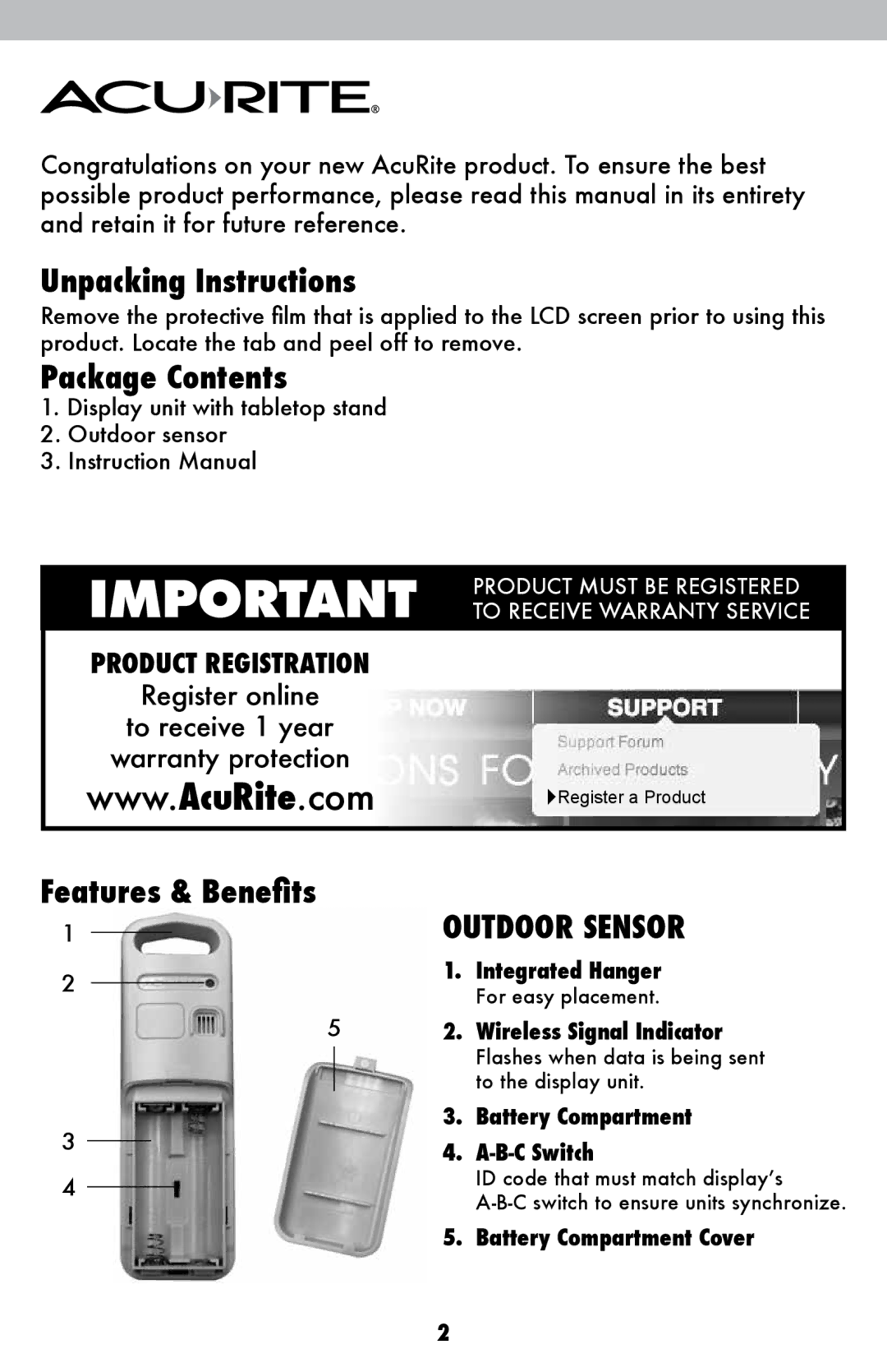 Acu-Rite 1086 instruction manual Unpacking Instructions, Package Contents 