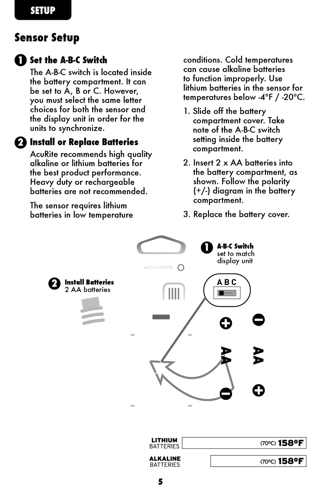 Acu-Rite 1086 instruction manual Sensor Setup, Set the A-B-C Switch 