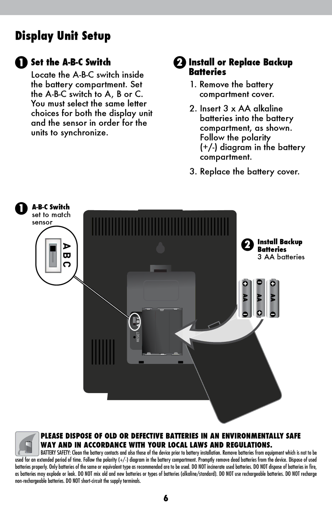 Acu-Rite 1086 instruction manual Display Unit Setup, Install or Replace Backup Batteries 