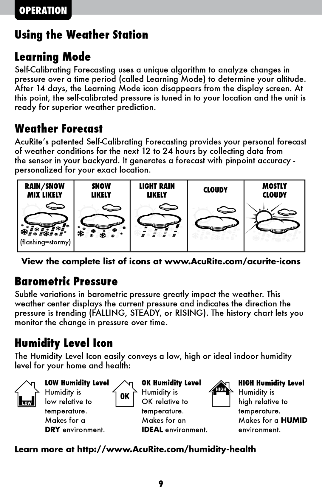 Acu-Rite 1086 Using the Weather Station Learning Mode, Weather Forecast, Barometric Pressure, Humidity Level Icon 