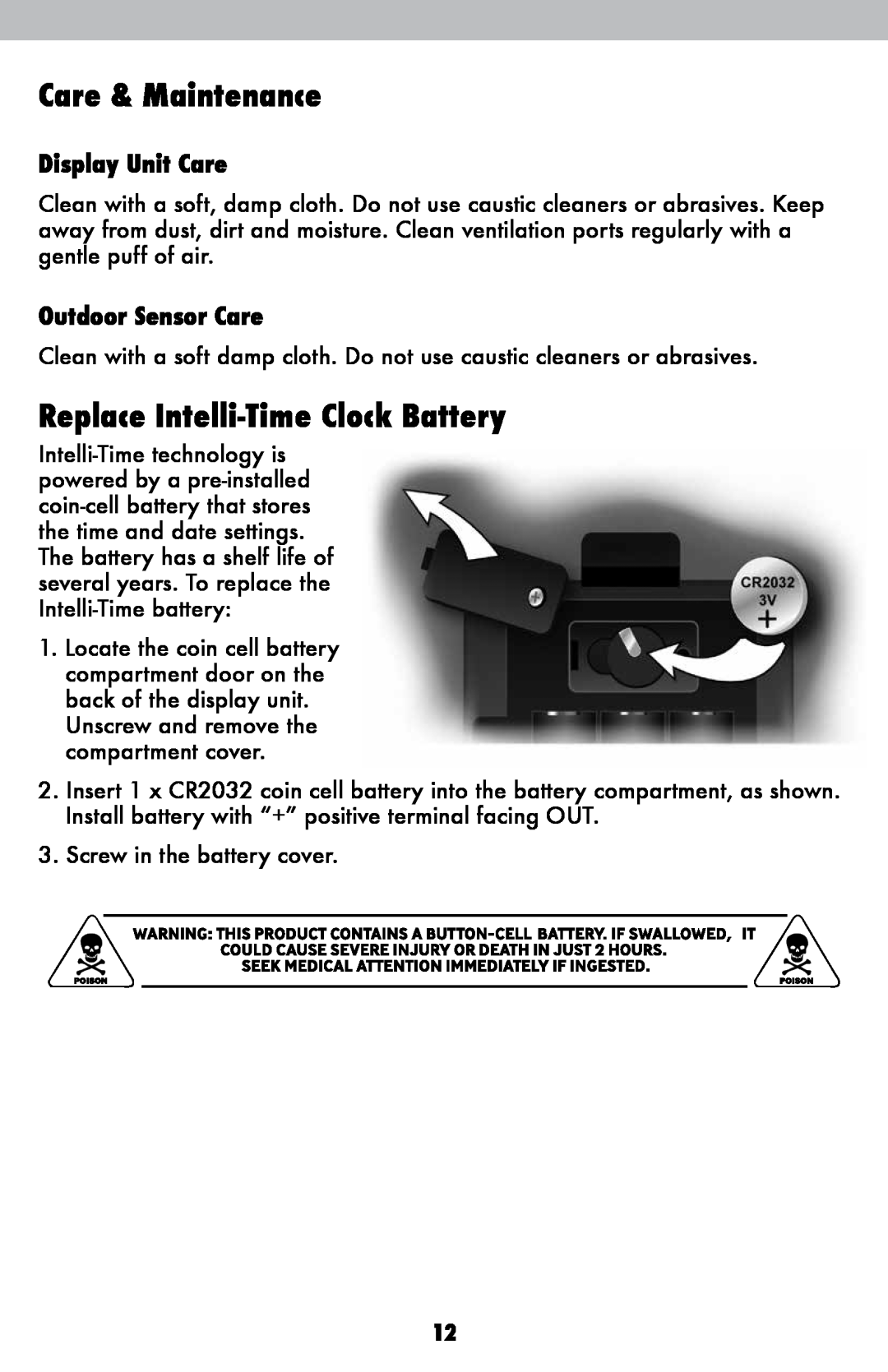 Acu-Rite 1086 Care & Maintenance, Replace Intelli-Time Clock Battery, Display Unit Care, Outdoor Sensor Care 