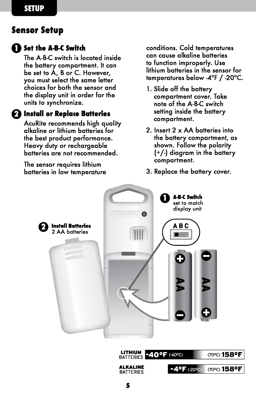 Acu-Rite 1086 instruction manual Sensor Setup, Set the A-B-C Switch, Install or Replace Batteries, A B C 