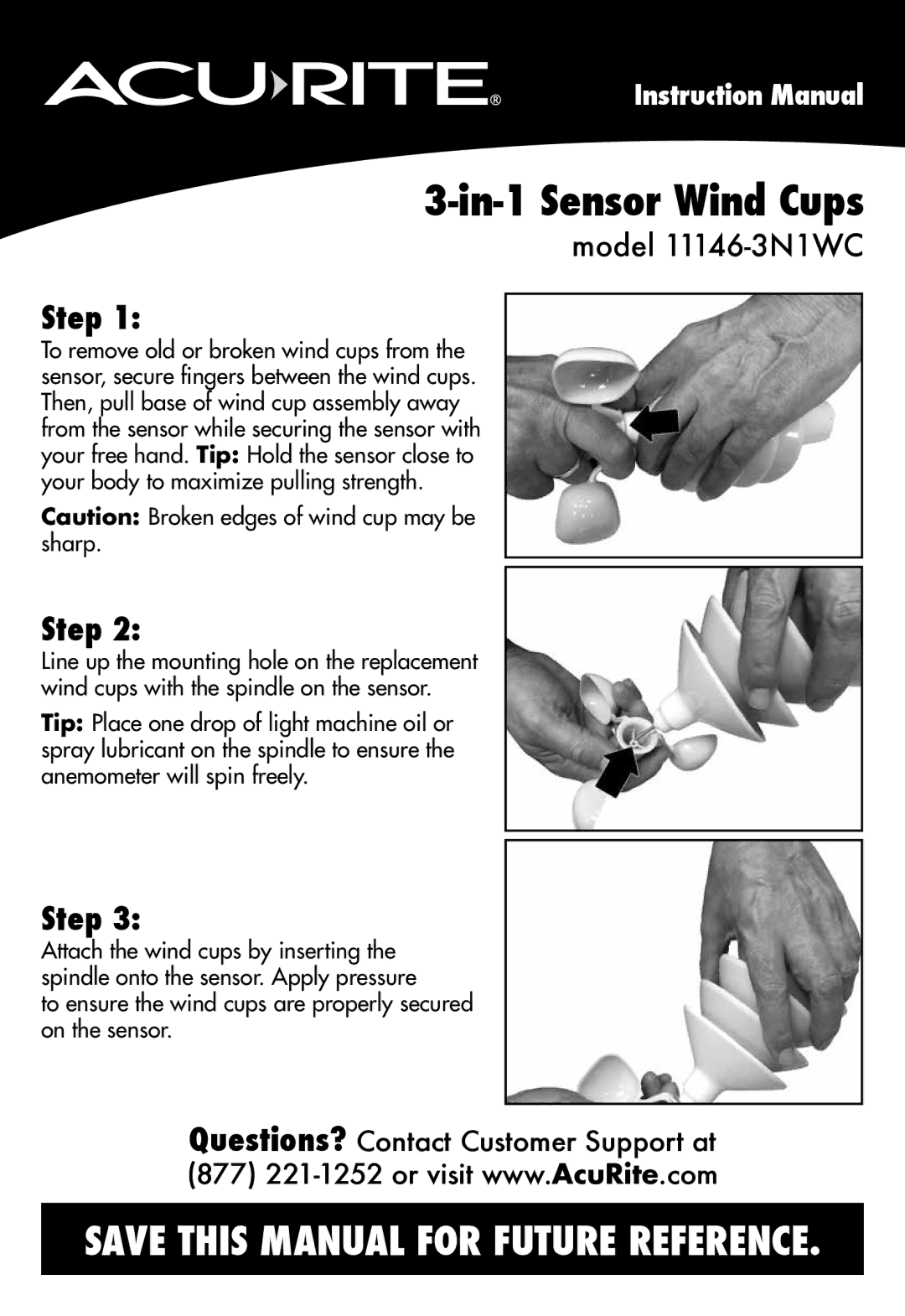 Acu-Rite 11146-3N1WC instruction manual In-1 Sensor Wind Cups, Save this Manual for Future Reference, Step 