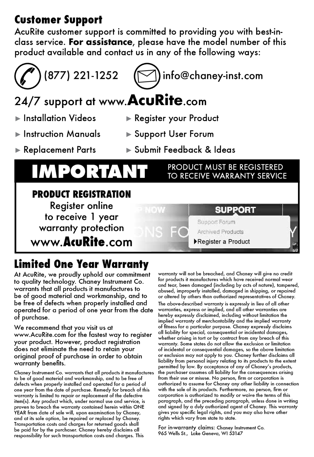 Acu-Rite 11146-3N1WC instruction manual Customer Support, Limited One Year Warranty, 877 221-1252 info@chaney-inst.com 