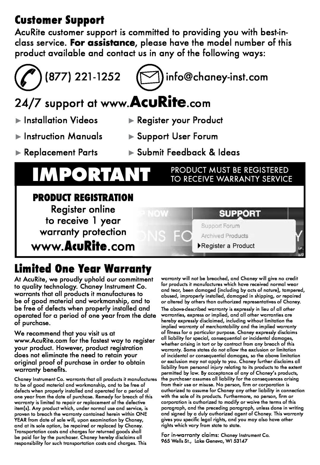 Acu-Rite 11146-3N1WC Customer Support, 877 221-1252 info@chaney-inst.com, Limited One Year Warranty, Register online 