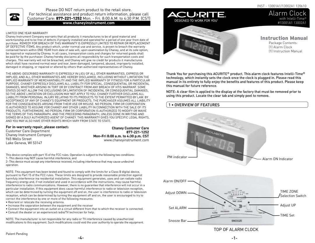 Acu-Rite 13002A1, 120610, 13001A1 instruction manual Please do not return product to the retail store, Overview of Features 