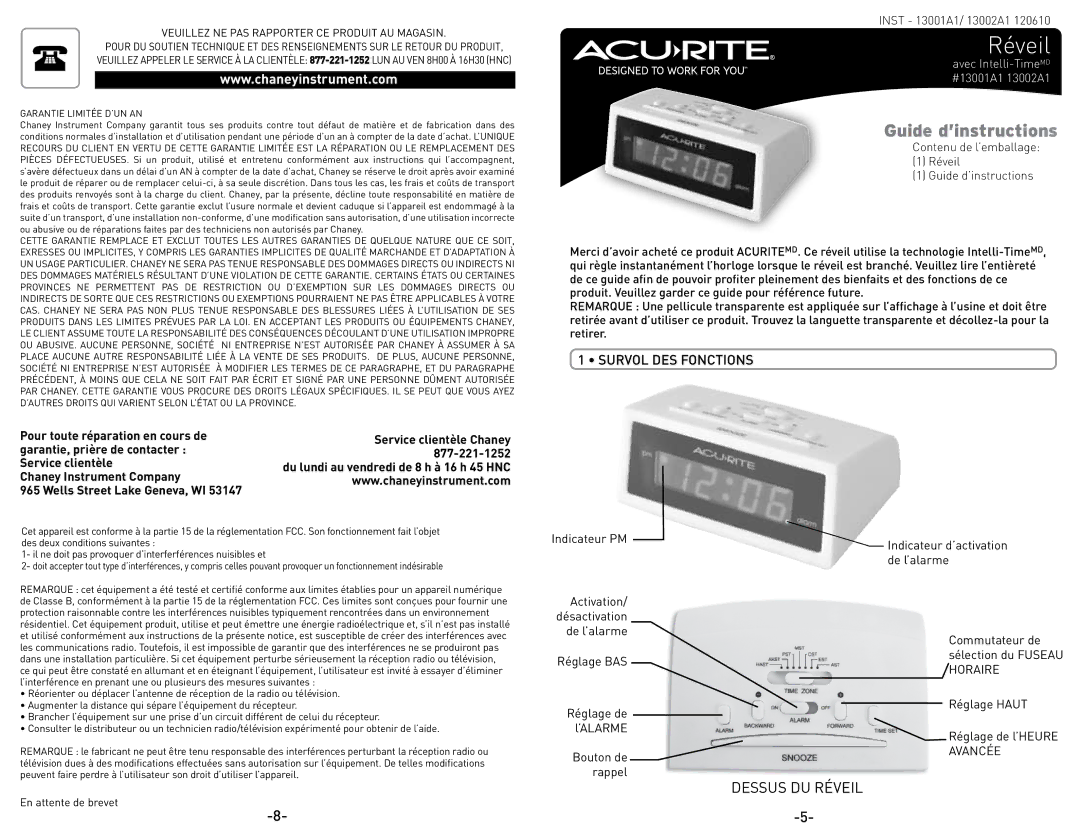 Acu-Rite 120610, 13002A1, 13001A1 instruction manual Survol DES Fonctions, Garantie Limitée D’UN AN 