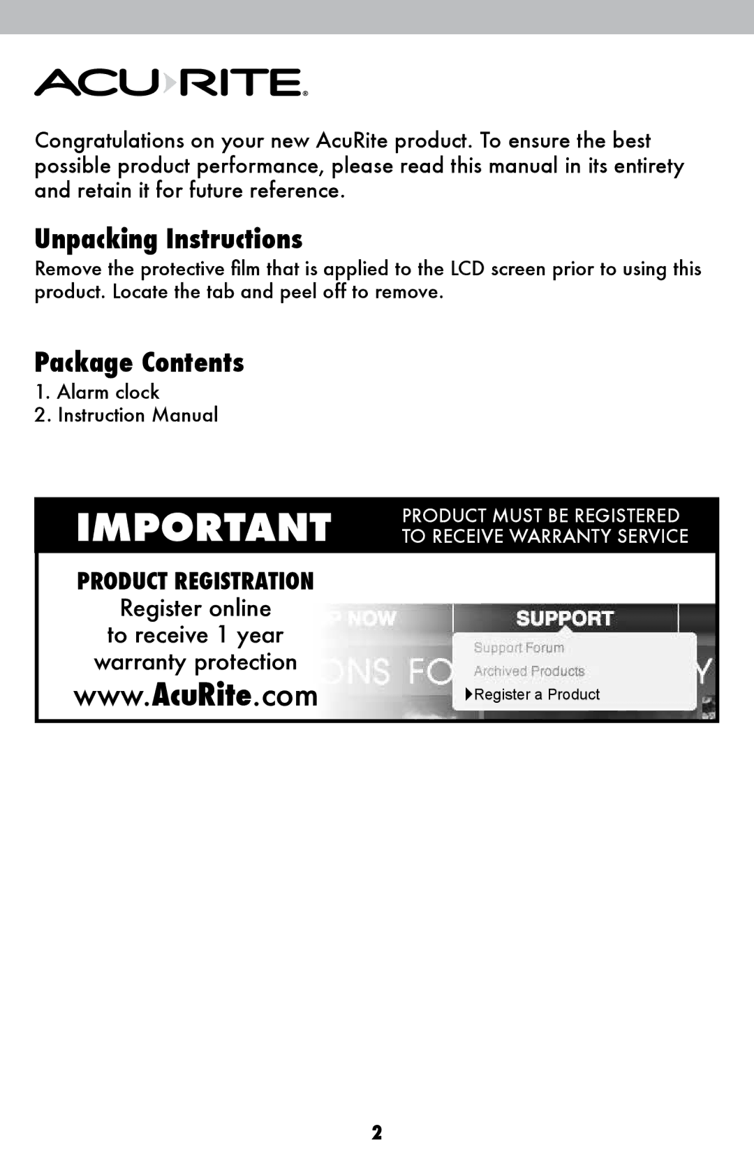 Acu-Rite 13002, 13001 instruction manual Unpacking Instructions, Package Contents 