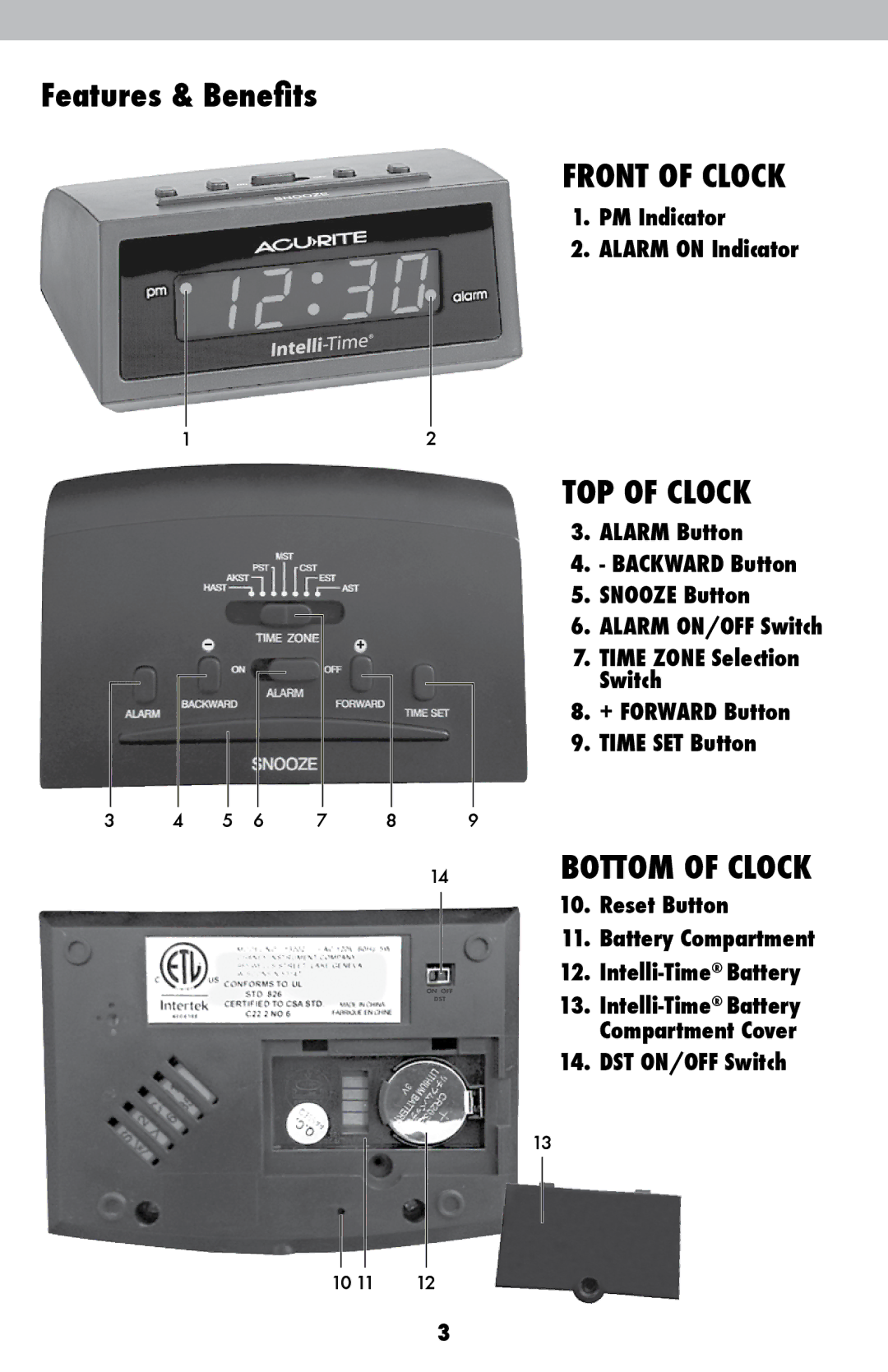 Acu-Rite 13001, 13002 instruction manual Features & Benefits, Front of Clock, TOP of Clock, Bottom of Clock 