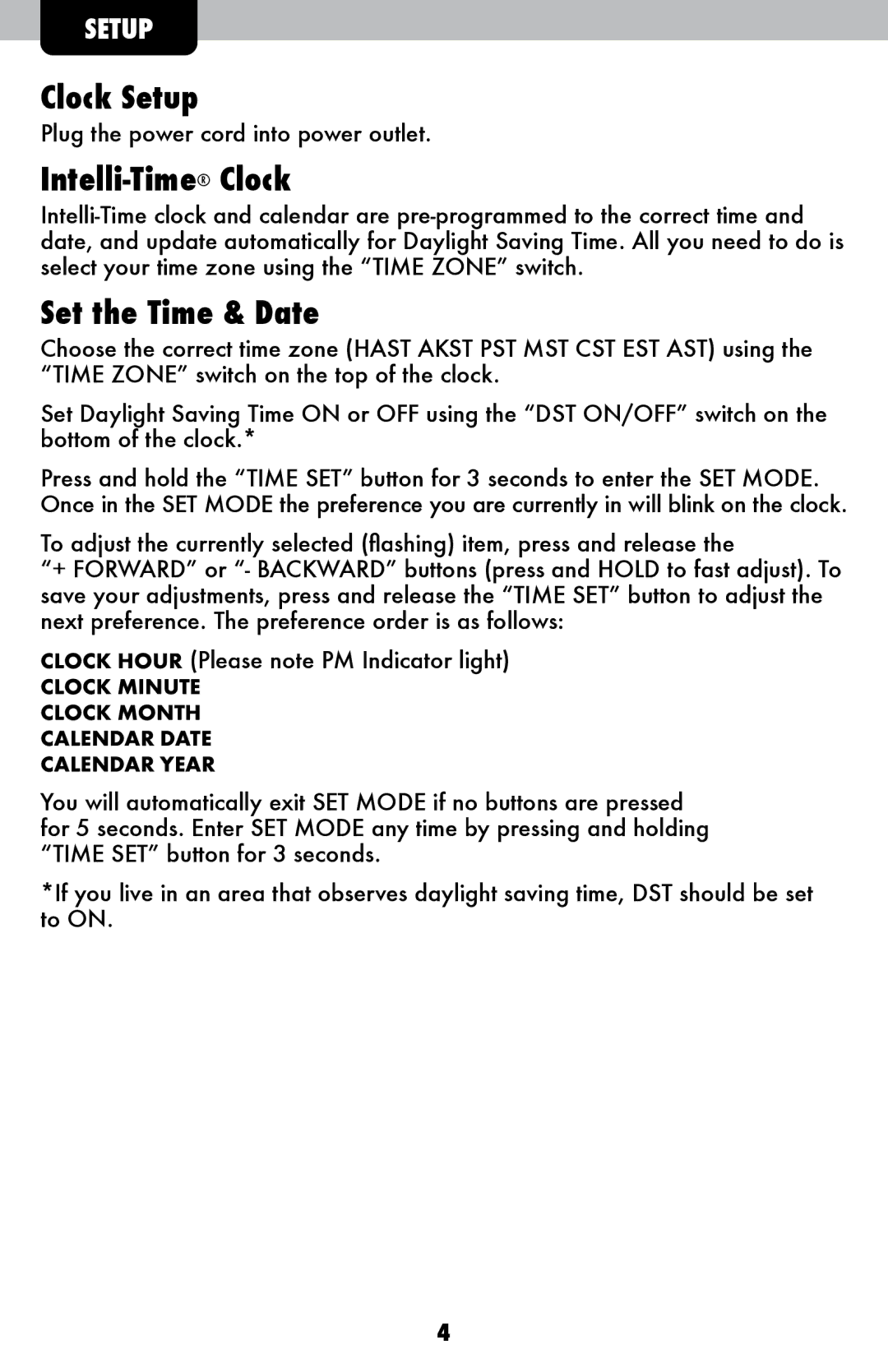 Acu-Rite 13002 Clock Setup, Intelli-TimeClock, Set the Time & Date, Clock Minute Clock Month Calendar Date Calendar Year 