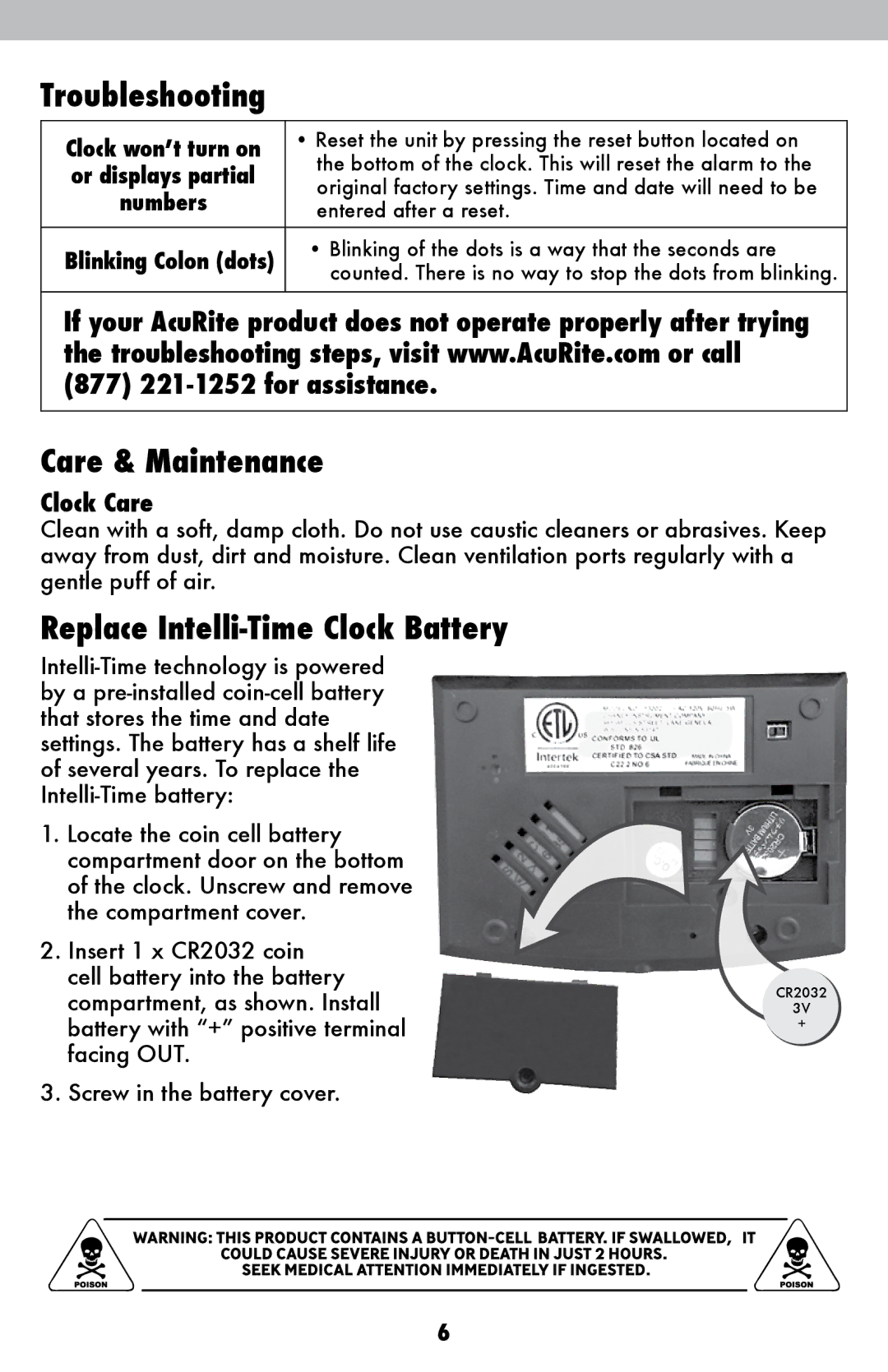 Acu-Rite 13002, 13001 instruction manual Troubleshooting, Care & Maintenance, Replace Intelli-Time Clock Battery 